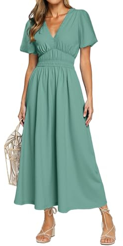 Simplee Women's Summer Flowy Midi Dress Casual V Neck Short Sleeve Empire Waist Boho Beach Dress Wedding Guest Maxi Dress Blue Green,M
