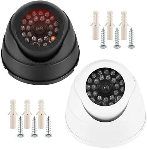 JSMTKJ 2Pcs Caméra Fausse - Caméra de Surveillance Factice avec LED Infrarouge Clignotante Rouge Factice pour Intérieur et Extérieur - Installation Facile et Design Réaliste