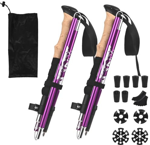 Nordic Herren Walking Stöcke Damen, 33–125 cm Wanderstöcke Faltbar, mit ergonomischem, Handschlaufe, faltbarem Design und 12 Gummispitzen zum Wandern, Klettern, Camping und für Outdoor-Abenteuer, Lila