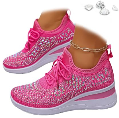 Baskets compensées respirantes à paillettes pour femme - Style décontracté - Maille à strass - Chaussures de marche