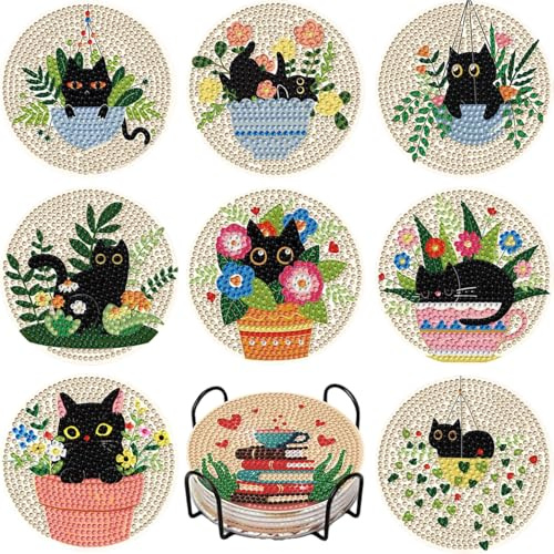 WEMEON Lot de 8 dessous de verre de peinture diamant chat DIY pour peinture diamant sous-verres avec support, mosaïque créative pour adultes, cadeau anti-stress personnalisé