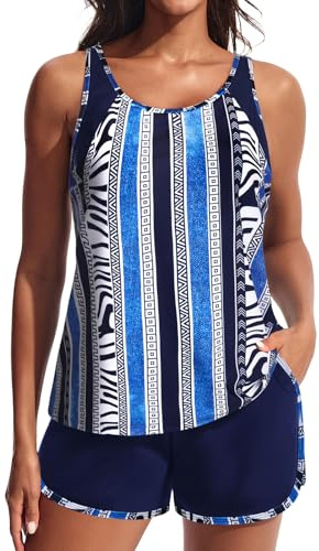 Hanna Nikole Plus Size Tankini Swimsuit for Women Blouson Swim Tank Top with Sporty Pockets Swim Shorts for Beach Geometric Stripes XXL