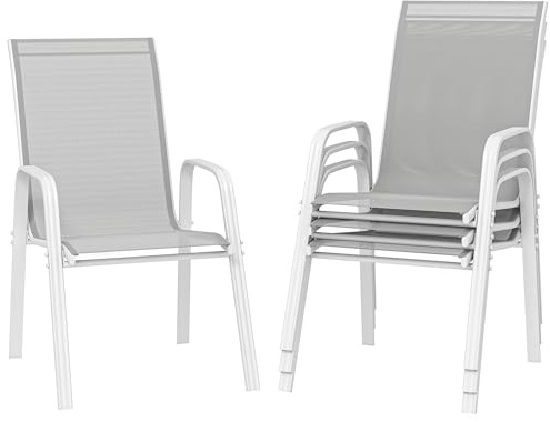 Outsunny Juego de 4 Sillas de Jardín Exterior Sillas Terraza Exterior Apilables Sillón de Comedor con Tela Transpirable Marco de Metal Reposabrazos y Respaldo 54x75,5x95 cm Gris Claro