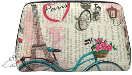 Trousse per cosmetici in pelle con stampa Torre Eiffel, borsa per trucchi in pelle con chiusura superiore a zip, elegante borsa da toilette, Argento, taglia unica