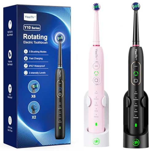 Spazzolino Elettrico Rotante per Adulti - 2 Spazzolino Denti Rotante con 3 Intensità, 5 Modalità, 10 Testine, Impermeabile IPX7, Spazzolino Elettrico da Viaggio Ricaricabile, Nero e Rosa