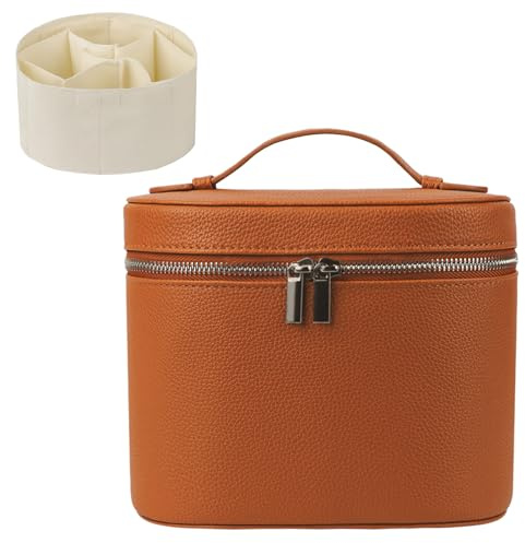 TOWEBOORY Bolsa de Cosméticos de Viaje, Neceser Maquillaje Organizador Mujer Maletín de Maquillaje Portátil Bolsa de Cosméticos con Asa y Divisor, Ideal para Familias y para Viajar (Marrón)