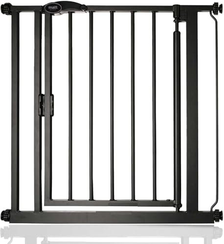 Safetots tryckpassande, självstängande trappgrind, 75 cm – 82 cm, matt svart, automatisk stängning babygrind, säkerhetsbarriär för småbarn, enkel installation | Ingen borrning krävs, enhandsöppning, dubbellåsning, automatisk stängning, enkel installation.