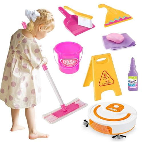 Koolbitz Automatic Cleaning Vacuum Robot Toy with Cleaning Set – Includes Brush, Dustpan, Bucket, Mop, and Sign – Fun Pretend Play Educational Housekeeping Toys for Toddlers and Preschoolers, Ages 3+