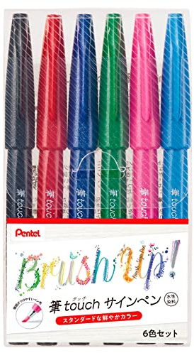 Pentel SES15C-6STA Brush Touch Sign Pen, Set of 6 Colors