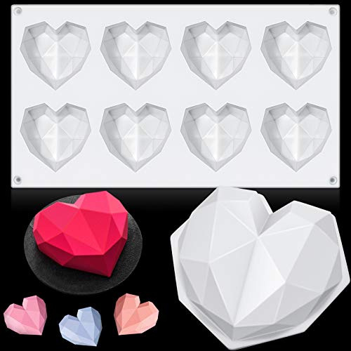 2 Pieces Valentine‘s Day Diamond Heart Mousse Cake Mold and 8 Cup Diamond Chocolate Silicone Dessert Mould Heart Geometric Baking Mold Non-stick Mould for Mousse, Chocolate, Browni (White)