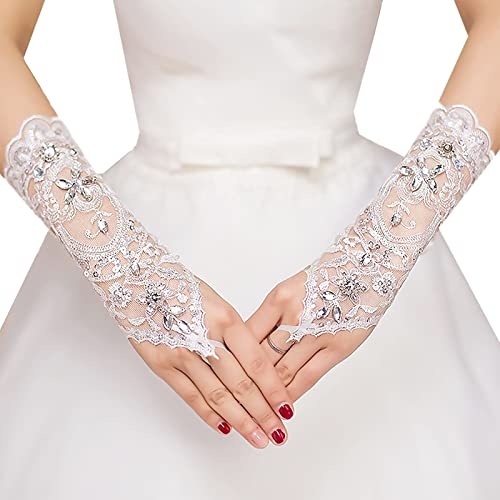 Brautaccessoires - Elegante Damen Spitze Handschuhe, Fingerlose Brauthandschuhe im Retro-Stil, Weiß, Satin-Spitzen-Verzierung