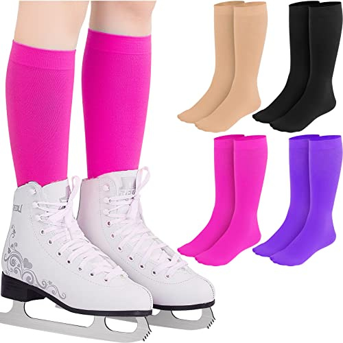 Handepo 4 Pairs Figure Skating Socks High Tights Skate Sock Ice Nylon Skating Socks for Ice Skates Dance, Black, Purple, Nude, Rose, 7