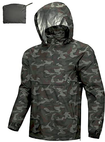 Outdoor Ventures Men's Waterproof Rain Jacket Packable Hooded Pullover | Stowaway Hood, Taped Seams, Reflective, Breathable, Windproof, Lightweight, Side Zipper, for Hiking Camping Traveling Cycling