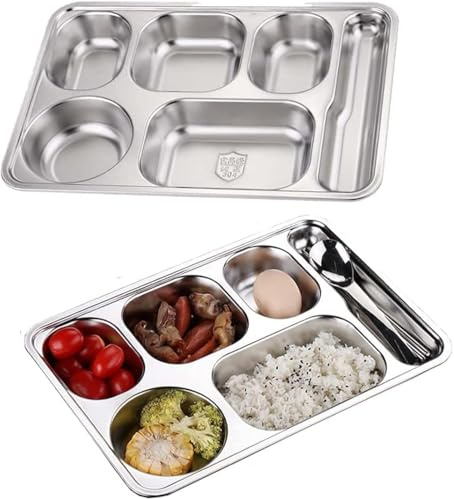 Rektangulär tallrik i rostfritt stål, AIYoo-set för 2 mattallrikar, 6 fack delad tallrik eller camping, evenemang, familjefest och kök, okrossbara delade portionsplattor
