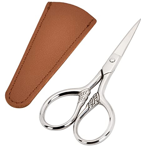 LOBODT Small Facial Hair Scissors, Stainless steel (silver) Straight Tip Snips Beauty Grooming Kit for Eyebrows, Beard, Ear, Nose, Moustache Trimming with PU Case