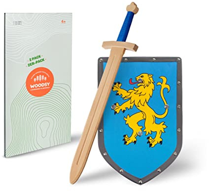 WOODSY ® Shield And Sword Children | Children's Armor Made of Real Wood | Handmade | Knight Costume Kids | Wooden Sword Children with Curved Cross Guard| Knight Shield And Sword