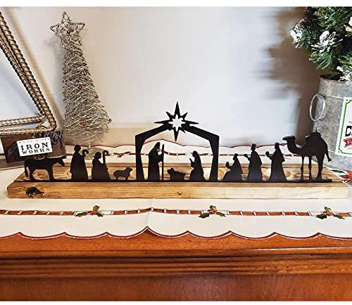 Pumpumly Nativity Scene Nativity Sets, Christmas Indoor Black Metal Nativity Set with Wood Base, Figuras Little People Nativity Set Willow Tree Nativity for Christmas Table Decoration, 30cm/11.81inch