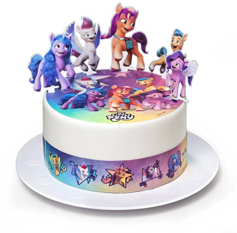 Kardasis My Little Pony mit Zuckerbändern und Papierfiguren | Essbarer Aufleger für Torten und Kuchen | Tortendekoration für den My Little Pony Themengeburtstag | 20cm + 3 Band 28x5cm + 4 Figuren