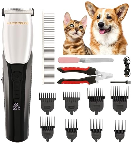 BarberBoss Tosatrice per cani, rasoio per cani - 8 accessori per pettine, design elegante con 4 velocità, 100% impermeabile, testina in ceramica, LED, cordless - Tagliacane e gatti, QR-9083