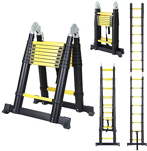Herrselsam 5 m (2,5 + 2,5) teleskopstege vikbar, halkfri multifunktionsstege, teleskopdesign multifunktionsstege, bärbara aluminiumteleskopstege maximal belastning 150 kg (svart)