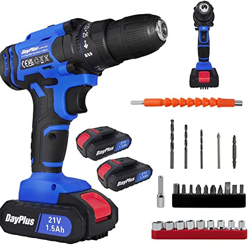 Perceuse Visseuse Sans Fil 21V, Visseuse Devisseuse pour Bricolage avec 2 batterie & Chargeur, 45N.m couple Max Perceuse Percussion, 25+1 Réglages de Couple, 2 Vitesses, 26 Accessoires, avec LED
