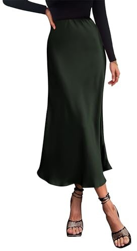 PRETTYGARDEN Women's Satin Skirts Dressy Casual 2026 Fall High Waisted Cocktail Wedding Flowy Elegant A Line Midi Skirt (Dark Army Green,Medium)