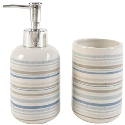 ROCKING GIFTS Juego de Baño de Cerámica con Dispensador de Jabón y Vaso, Set de Baño con Diseño de Rayas en Colores Neutros, Accesorios Elegantes para Lavabo, 17x7 cm