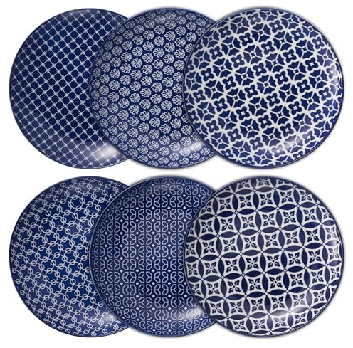 DOWAN Speiseteller 6er Set, Ø 21,5 cm Porzellan Dessertteller und Salatteller, Servierteller für Vorspeisen, Frühstücks, Kuchen, Snacks, Mikrowelle, Backofen und Spülmaschine-Vintage Blau