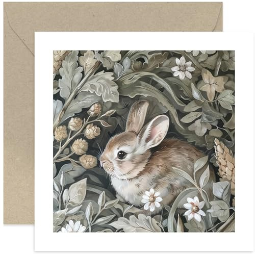 Floral Rabbit Greeting Card - Easter Bunny Rabit Flower Artwork - Traditional Greeting Cards for Him or Her - Rabbit Woodland Scene Birthday Card, Thinking of You Card, Sympathy Card | Blank Inside