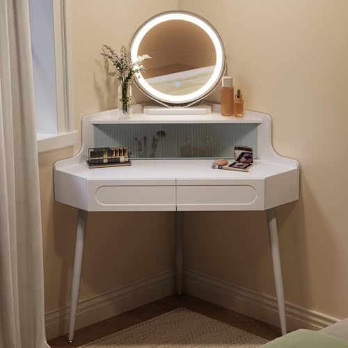 WOLTU Toeletta ad Angolo con Luce, Specchio Dimmerabile, Tavolo da Toilette, 2 Cassetti, 1 Ripiano con Divisorio in Vetro, Tavolino Salvaspazio, Gambe in Metallo, Bianco