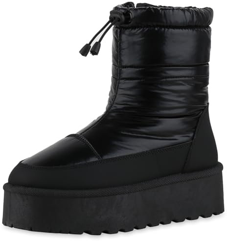 VAN HILL Damen Winter Boots Plateau Gesteppt Bequem Schuhe 216527 Schwarz Robust 37