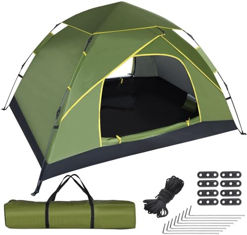 Jaztral Camping Zelt 3-4 Personen, Automatisches Pop Up Kuppelzelt mit Doppel-Türen, Wasserdicht & Winddicht, 3-4 Saison Zelt Outdoor Zelt für Familie, Trekking und Camping, Olivgrün