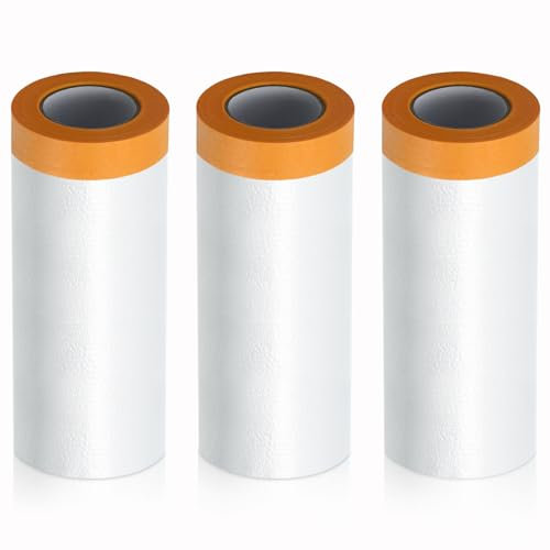 LINSOCLE 3 Rollo Plasticos para Cubrir Muebles 280 cm x 20 m, Película de Enmascarar con Cinta para Obra Pintar Decorar y Pintura Automotriz
