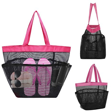 Borsa da Spiaggia In Rete Grande, Borsa Mare Donna In Rete Con Bottoni, Borsa Pieghevole In rete Per Giochi Da Spiaggia, borsa Da Doccia Per spiaggia, Vacanze E Shopping (Nero + Rosa)