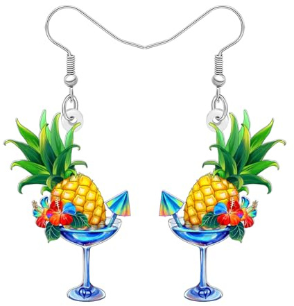 NEWEI Acrylique Drôle de Fruit Tropical Hawaii Ananas Cocktail Margarita Pendentif Boucles d'oreilles d'été pour Femmes Plage Amoureux Fête Cadeaux de Vacances (Jaune)