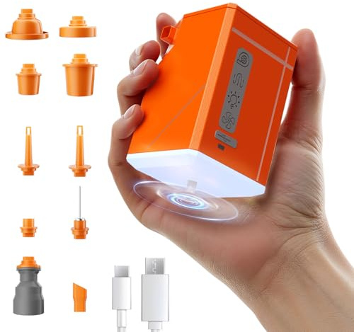 HUAJUN Elektrisk trådlös luftpump, hög/lågt tryck utbytbar, uppblåsning och andningspumpar, utrustad med LED-campinglampor och fläkt, USB-uppladdningsbar, 10 luftmunstycken