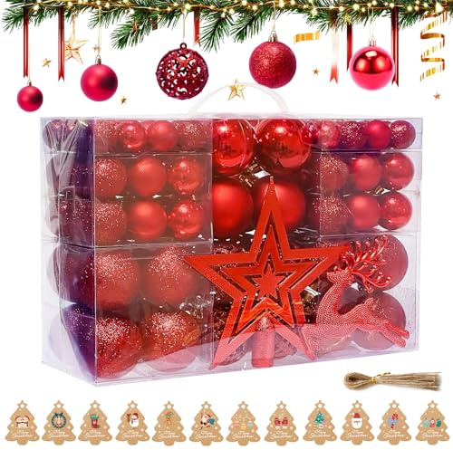 ZUSUZU Bolas de Navidad Rojo,102 Piezas Juego de Bolas de Navidad de Plástico,Bolas Arbol de Navidad para Juego de Adornos para Colgar Decorativos para árboles de Navidad Decoraciones para Fiestas