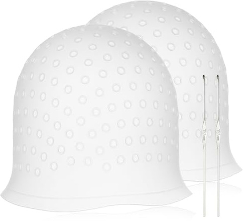 2PCS Reusable Silicone Hair Highlighting Caps with Hooks – Pull Through Dye Caps with Holes for Frosting & Coloring, Hairdressing Salon Kit