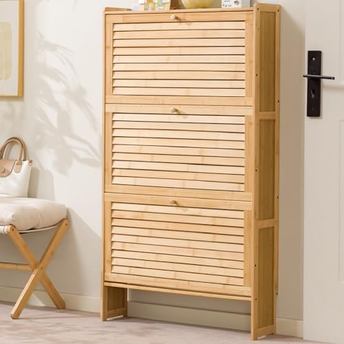 Scarpiere in Bambù con Ante a Persiana e Ante a Ribalta, Mobile Contenitore di Grande Capacità Portascarpe Armadio per L'ingresso, Il Corridoio o Il Soggiorno(Yellow,70x17x120cm/28x7x47in)