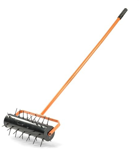 17-inch rolling lawn scarifier, heavy-duty galvanized steel lawn aerator with 2-inch steel spikes, 48-inch ergonomic handle, manual push-type scarifier, suitable for compacted soil/clay/sandy soil law