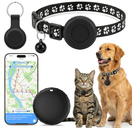 GPS Gatos, Localizador GPS Perros, Posicionamiento Global en Tiempo Real, GPS Perros/Gatos Sin Suscripción, Compatible con Sistemas iOS y Android, Collar Ajustable, Resistente al Agua IPX6 - Negro
