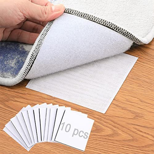 Rug Tape Pad, Rug Anchors Carpet Hook and Loop Non-Slip Mat Anti-Skid Stickers (10PCS, White)