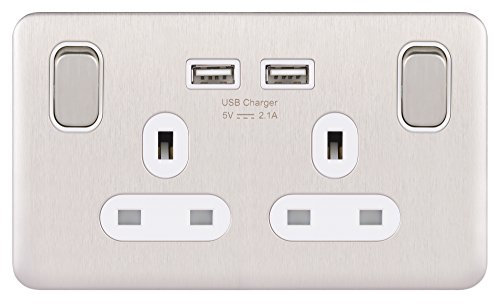 Schneider Electric Lisse Screwless Deco - Switched Double Power Socket, Single Pole with USB Charging Ports, 13A, GGBL30202USBAWSSS, Stainless Steel with White Insert