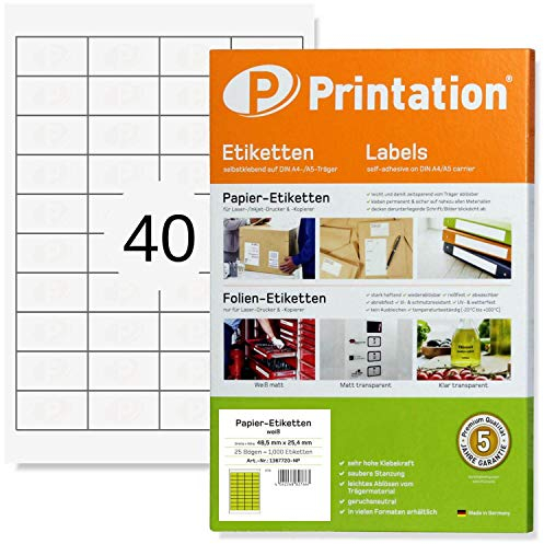 Printation Etiketten Selbstklebend 48,5 x 25,4 mm, 1000 Adressetiketten, 40 Adressaufkleber selbstklebend pro A4 Bogen, 25 Blatt, Adressetiketten Selbstklebend, Weiß, Matt, Klebepapier 3657 4780 4474
