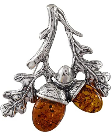 Sterling Silver and Baltic Honey Amber Oaks Brooch