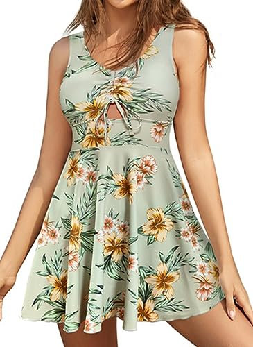 SHEKINI Damen Einteiliger Badeanzug Rock Retro Badekleid Cutout Kordelzug mit Ties up Schwimmkleid Elegant Ruched Bauch Kontrolle Badeanzugkleid (M, Blumen-Graugrün)