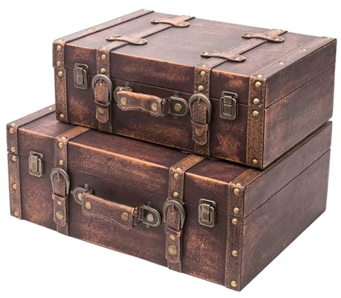 HMF Valigia decorativa vintage in legno, scatola portaoggetti con coperchio e maniglia in pelle, elegante idea regalo per matrimonio o compleanno | Classico | Set da 2, 38 + 44 cm