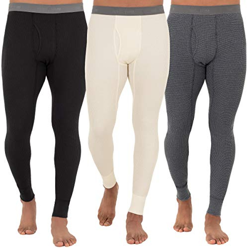 Fruit of The Loom Men's 3-Pack Recycled Waffle Thermal Underwear Bottom, Black/Greystone Heather/Natural, Large