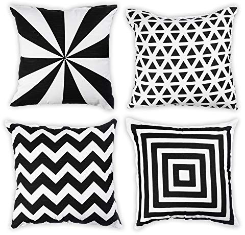Penguin Home Set of 4 100% Slub Cotton Fabric Cushion Covers 45cm x 45cm Double Sided Square Pillow Covers with Invisible Zipper Pillow Cases for Living Room, Bedroom, Sofa (White/Black Mix)