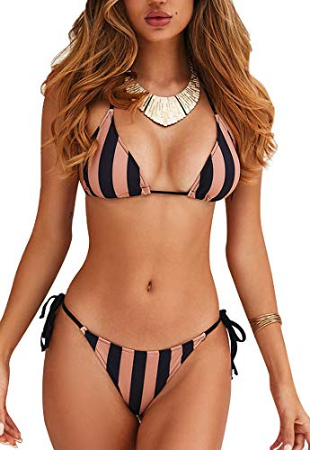 JFAN Costume da Bagno Donna Due Pezzi Sexy Triangolo Bikini Set Puntini A Strisce Costumi da Mare Vita Bassa Coulisse Beachwear Swimwear Strisce Nero M